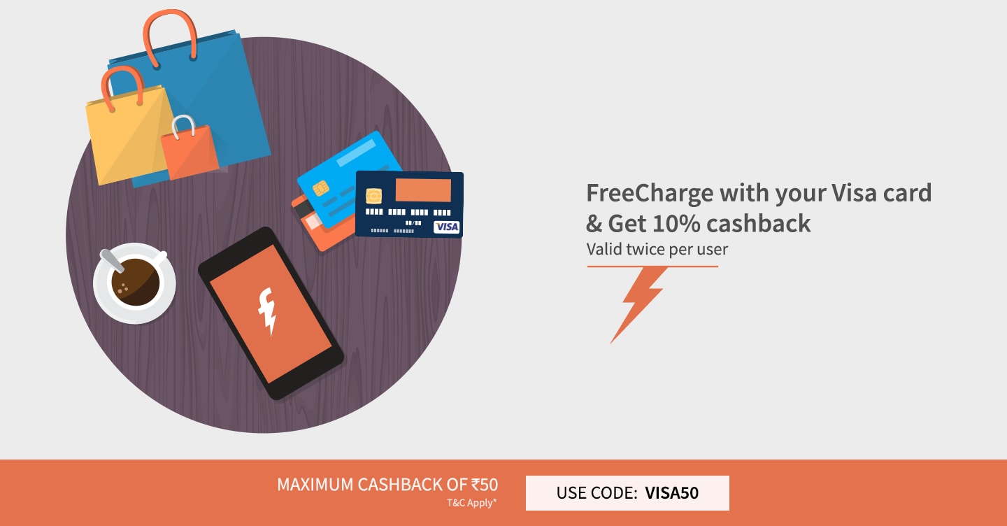 FreeCharge with your Visa Card and Get 10% Cashback. Use Code: VISA50